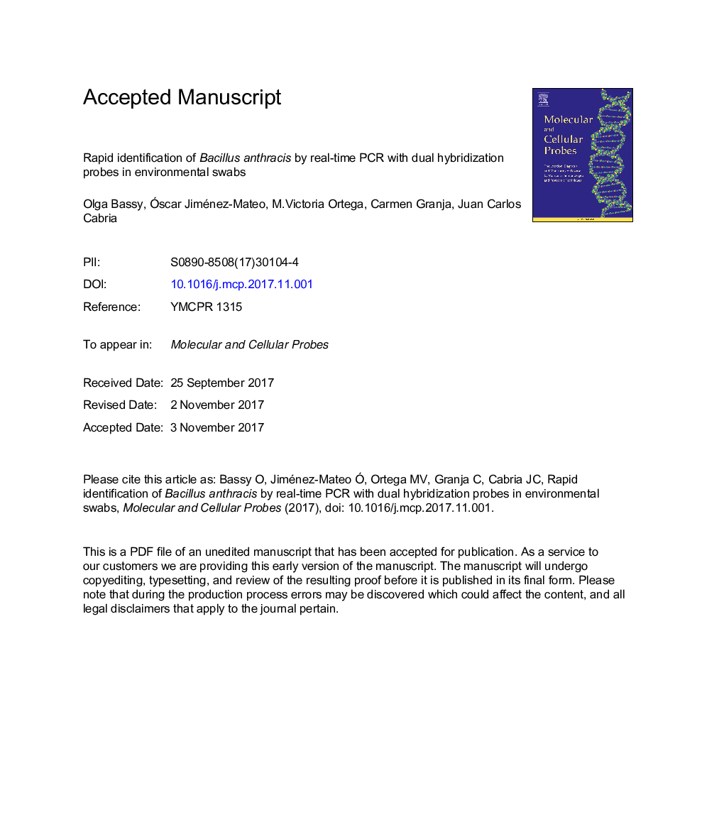 Rapid identification of Bacillus anthracis by real-time PCR with dual hybridization probes in environmental swabs