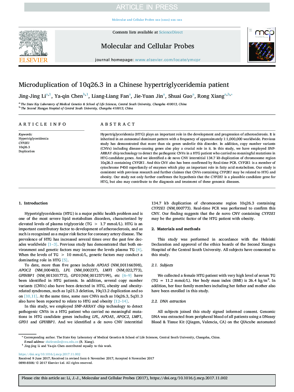 Microduplication of 10q26.3 in a Chinese hypertriglyceridemia patient