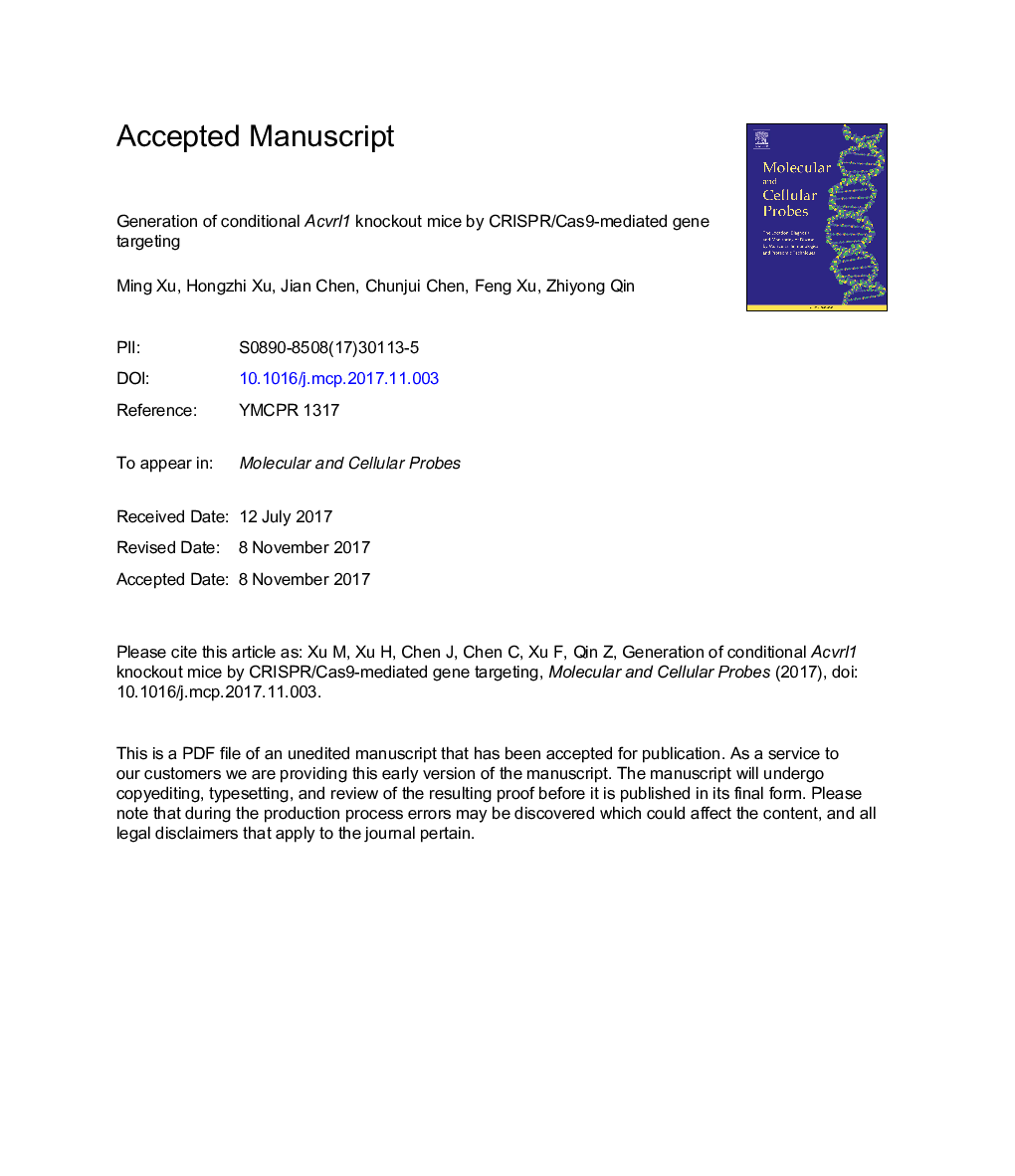 Generation of conditional Acvrl1 knockout mice by CRISPR/Cas9-mediated gene targeting