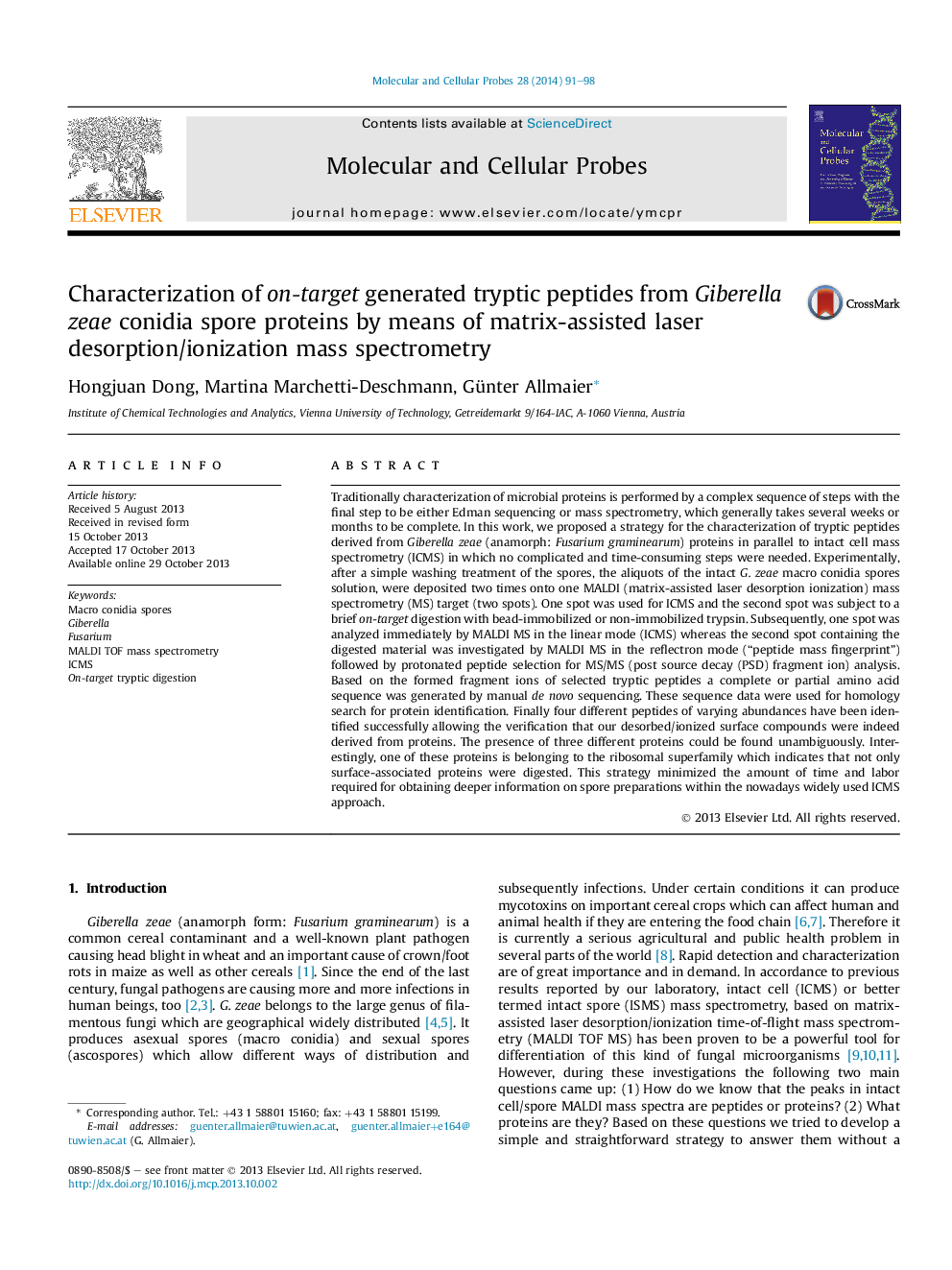 Characterization of on-target generated tryptic peptides from Giberella zeae conidia spore proteins by means of matrix-assisted laser desorption/ionization mass spectrometry