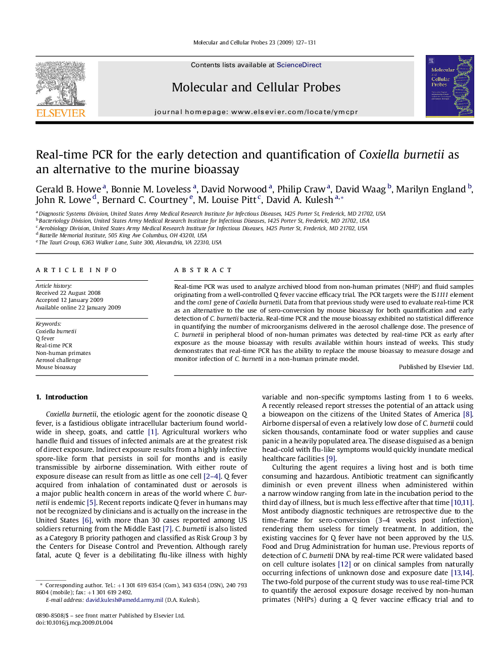 Real-time PCR for the early detection and quantification of Coxiella burnetii as an alternative to the murine bioassay