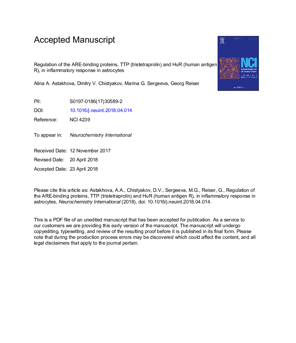 Regulation of the ARE-binding proteins, TTP (tristetraprolin) and HuR (human antigen R), in inflammatory response in astrocytes