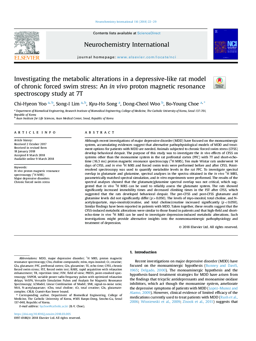 Investigating the metabolic alterations in a depressive-like rat model of chronic forced swim stress: An inÂ vivo proton magnetic resonance spectroscopy study at 7T