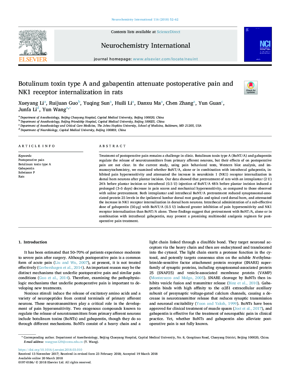 Botulinum toxin type A and gabapentin attenuate postoperative pain and NK1 receptor internalization in rats