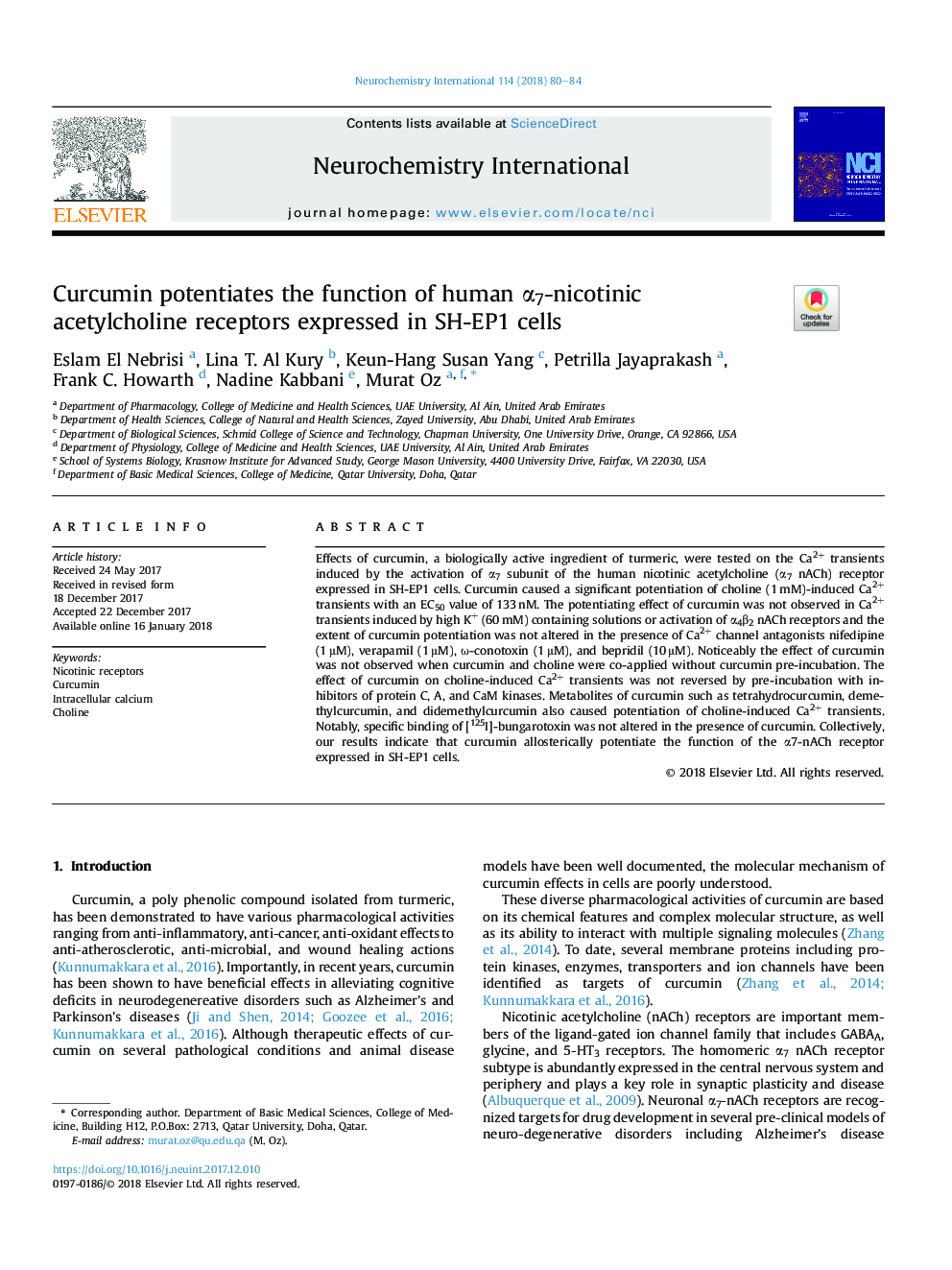 Curcumin potentiates the function of human Î±7-nicotinic acetylcholine receptors expressed in SH-EP1 cells