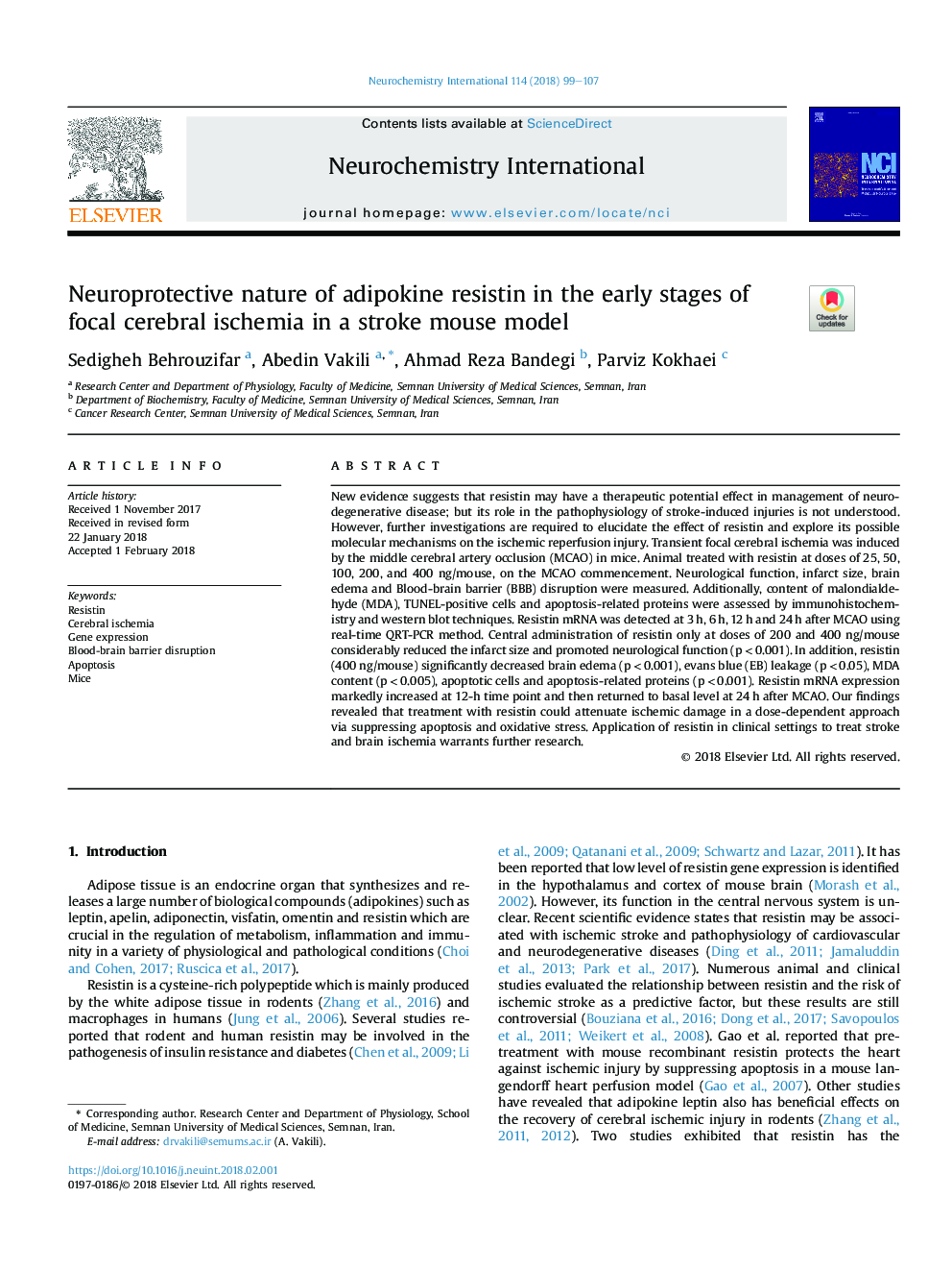 Neuroprotective nature of adipokine resistin in the early stages of focal cerebral ischemia in a stroke mouse model