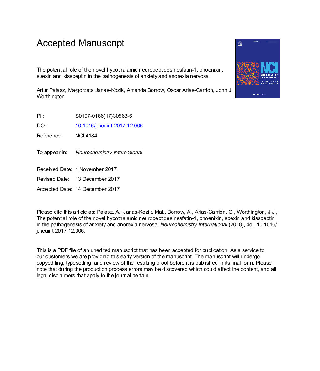 The potential role of the novel hypothalamic neuropeptides nesfatin-1, phoenixin, spexin and kisspeptin in the pathogenesis of anxiety and anorexia nervosa