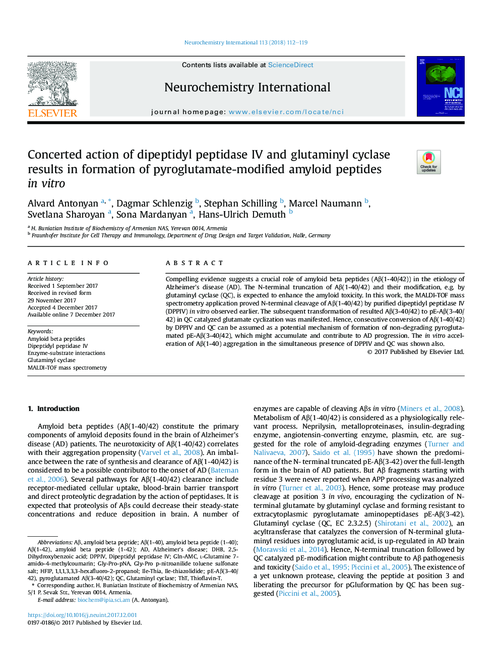 Concerted action of dipeptidyl peptidase IV and glutaminyl cyclase results in formation of pyroglutamate-modified amyloid peptides inÂ vitro