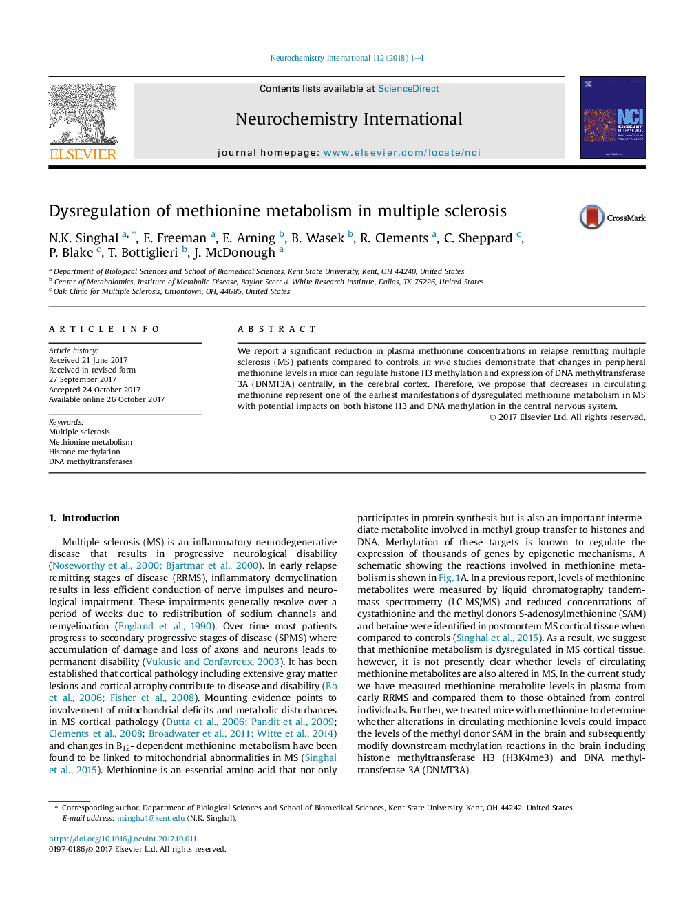 Dysregulation of methionine metabolism in multiple sclerosis