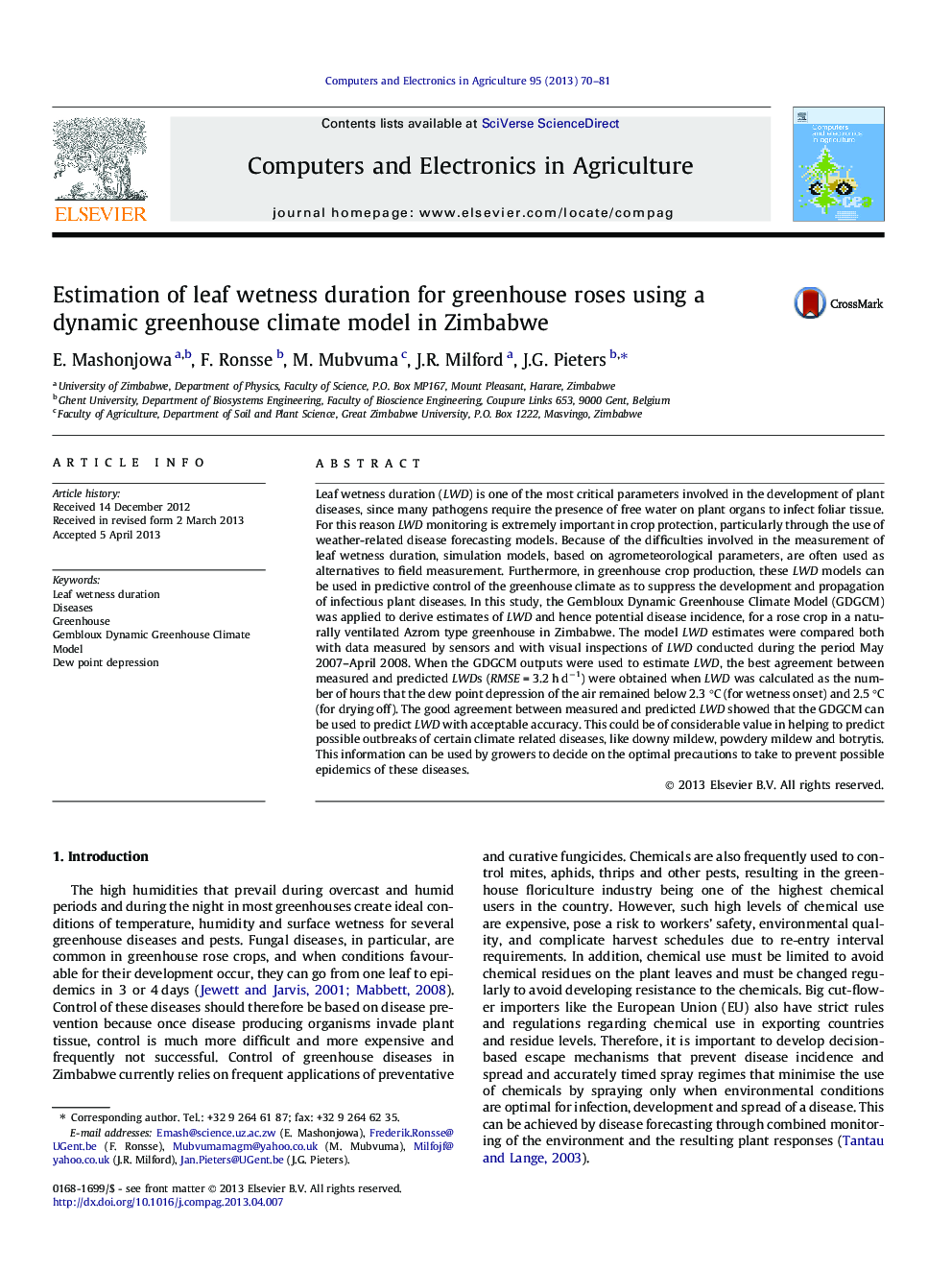 Estimation of leaf wetness duration for greenhouse roses using a dynamic greenhouse climate model in Zimbabwe