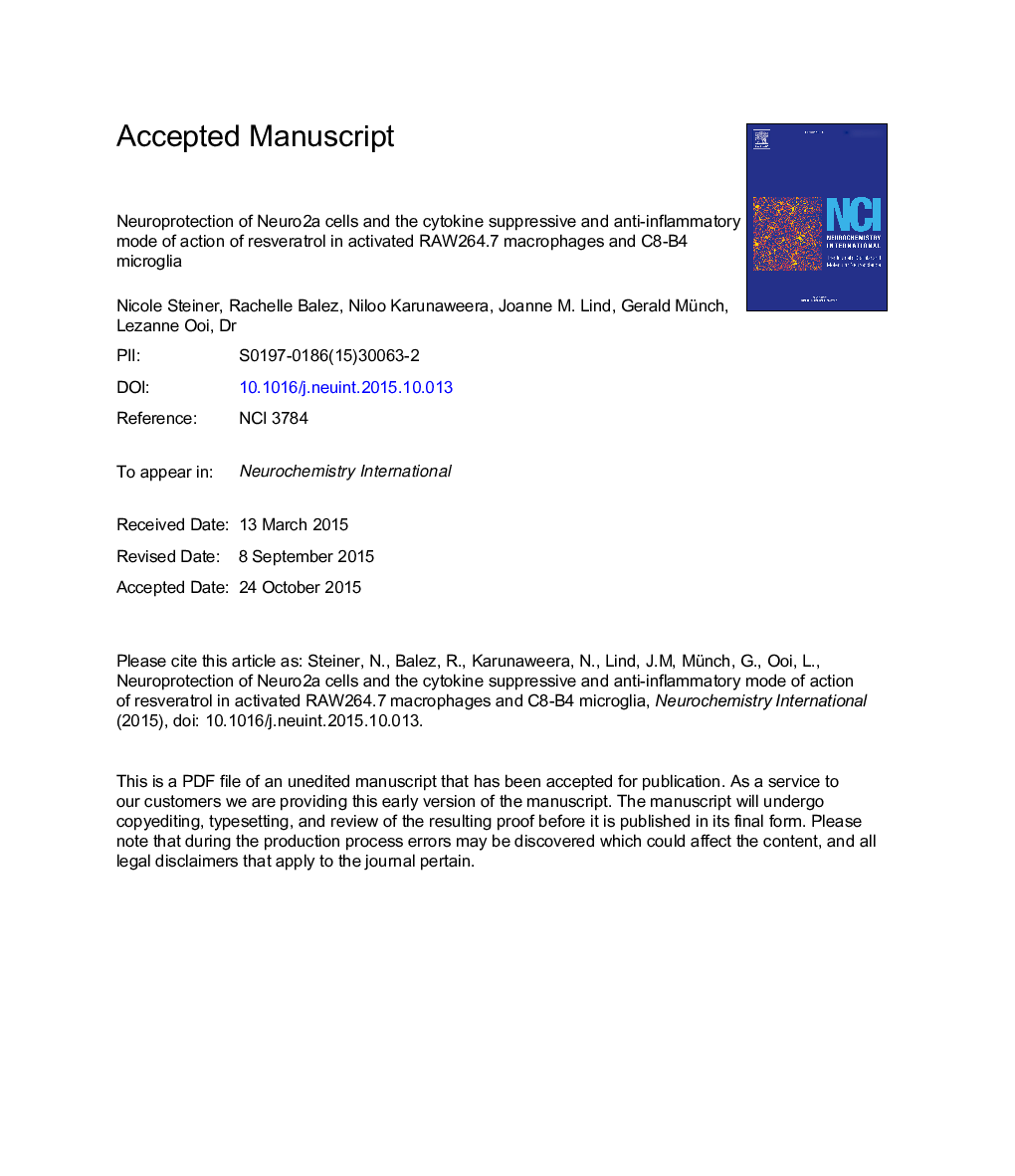 Neuroprotection of Neuro2a cells and the cytokine suppressive and anti-inflammatory mode of action of resveratrol in activated RAW264.7 macrophages and C8-B4 microglia