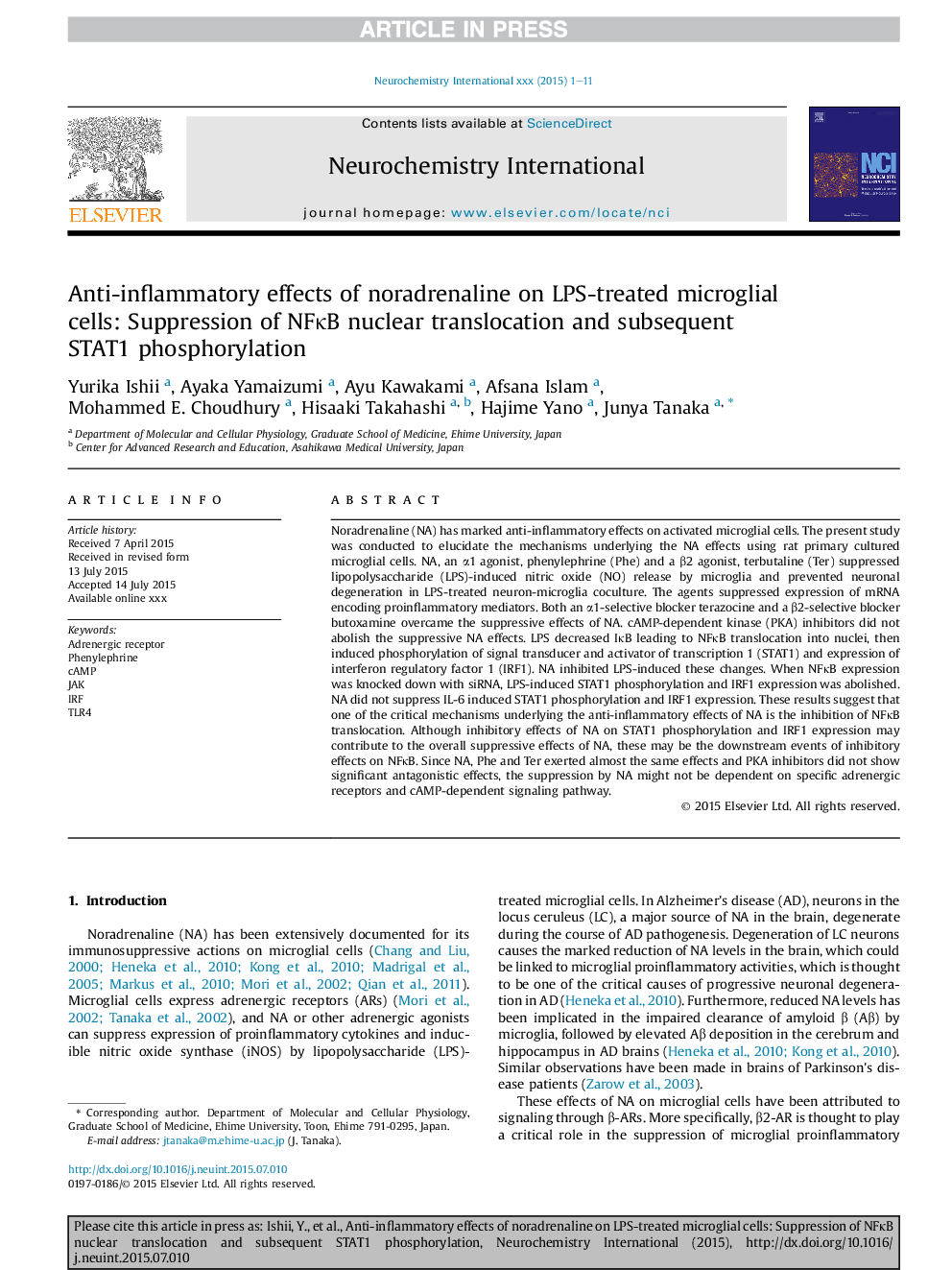 Anti-inflammatory effects of noradrenaline on LPS-treated microglial cells: Suppression of NFÎºB nuclear translocation and subsequent STAT1 phosphorylation