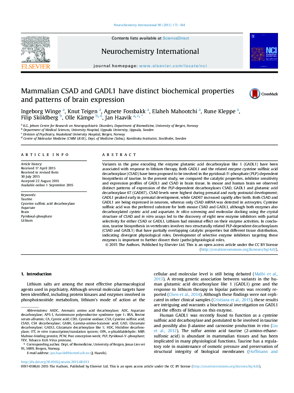 Mammalian CSAD and GADL1 have distinct biochemical properties and patterns of brain expression