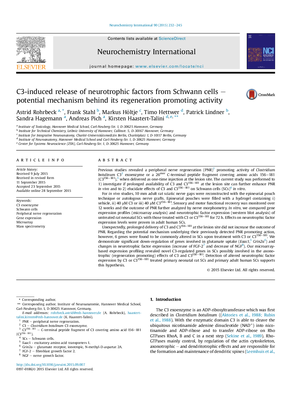 C3-induced release of neurotrophic factors from Schwann cells - potential mechanism behind its regeneration promoting activity