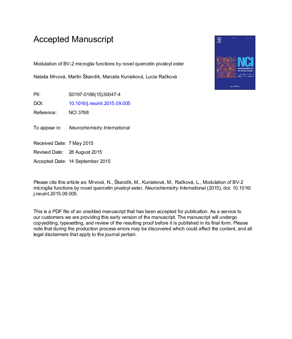 Modulation of BV-2 microglia functions by novel quercetin pivaloyl ester