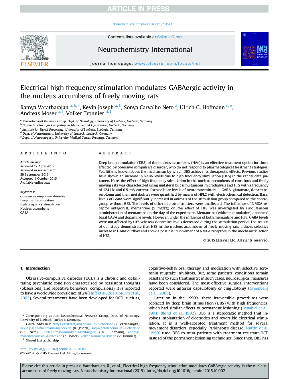 Electrical high frequency stimulation modulates GABAergic activity in the nucleus accumbens of freely moving rats