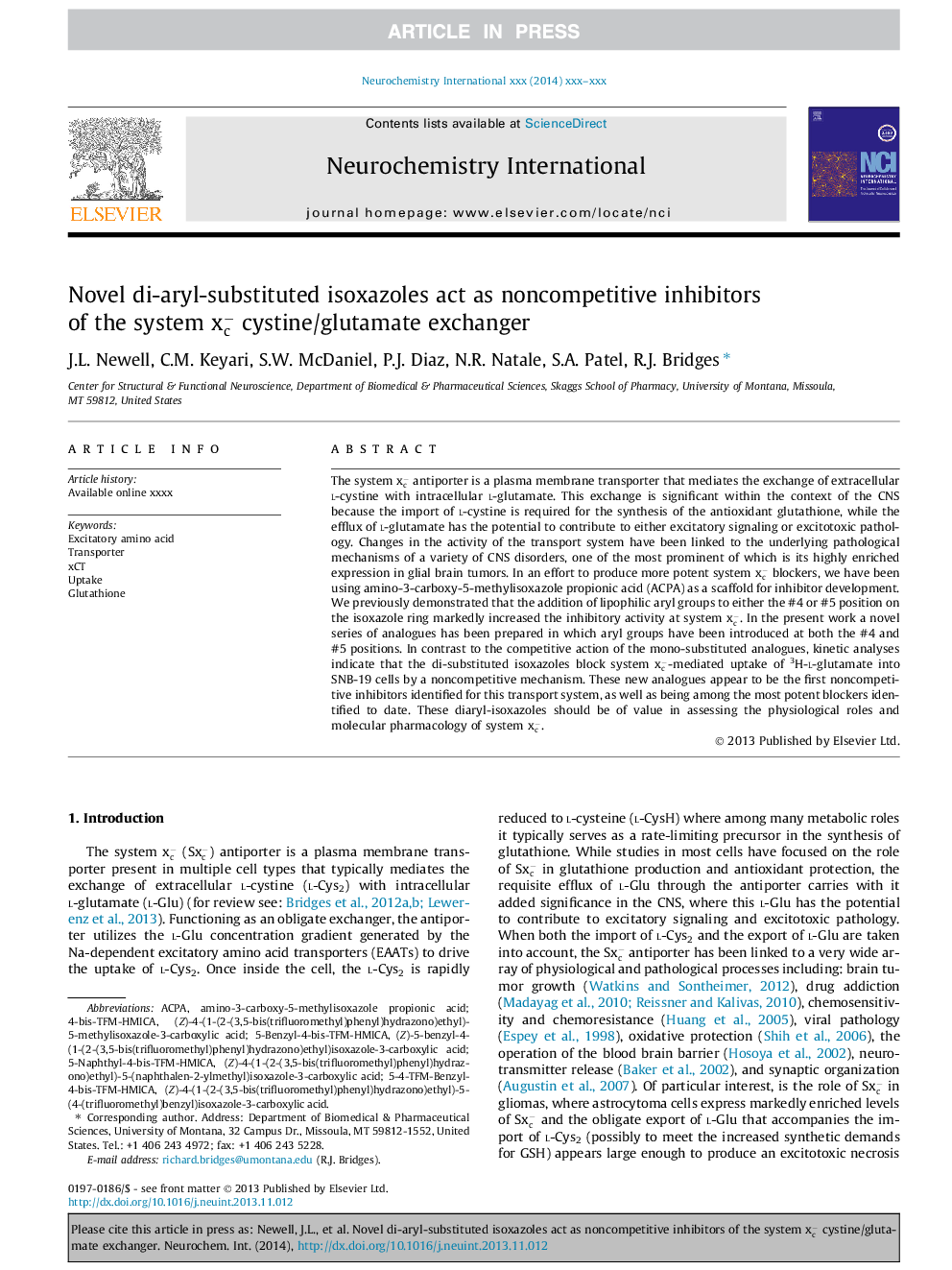 Novel di-aryl-substituted isoxazoles act as noncompetitive inhibitors of the system xc- cystine/glutamate exchanger