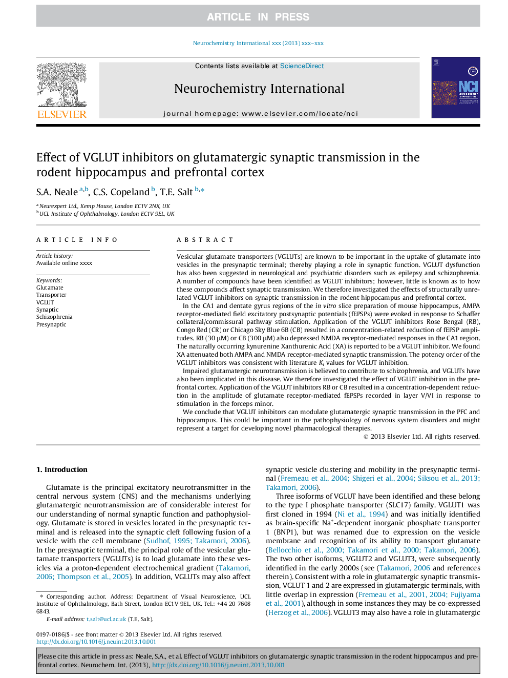 Effect of VGLUT inhibitors on glutamatergic synaptic transmission in the rodent hippocampus and prefrontal cortex