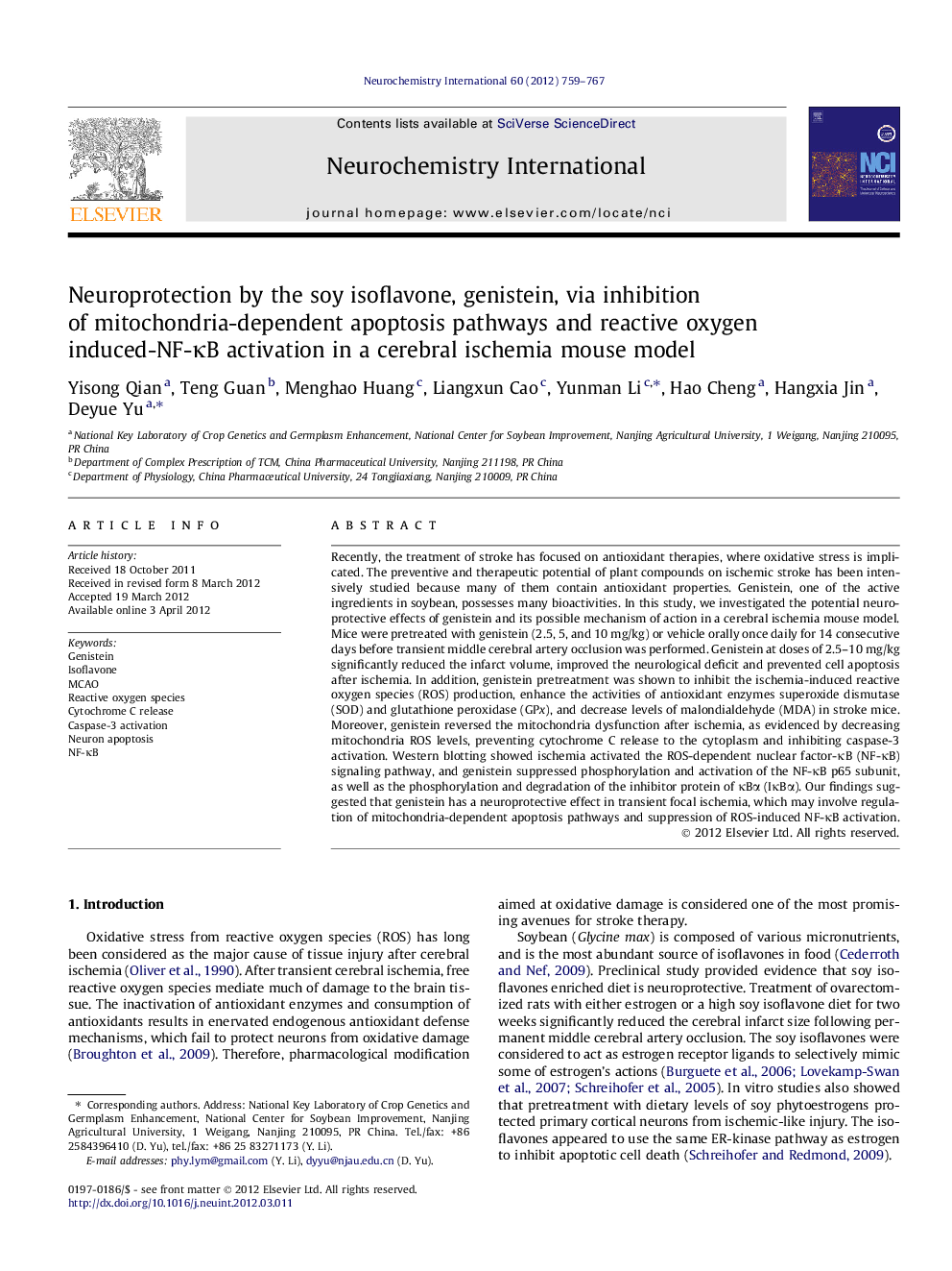 Neuroprotection by the soy isoflavone, genistein, via inhibition of mitochondria-dependent apoptosis pathways and reactive oxygen induced-NF-ÎºB activation in a cerebral ischemia mouse model