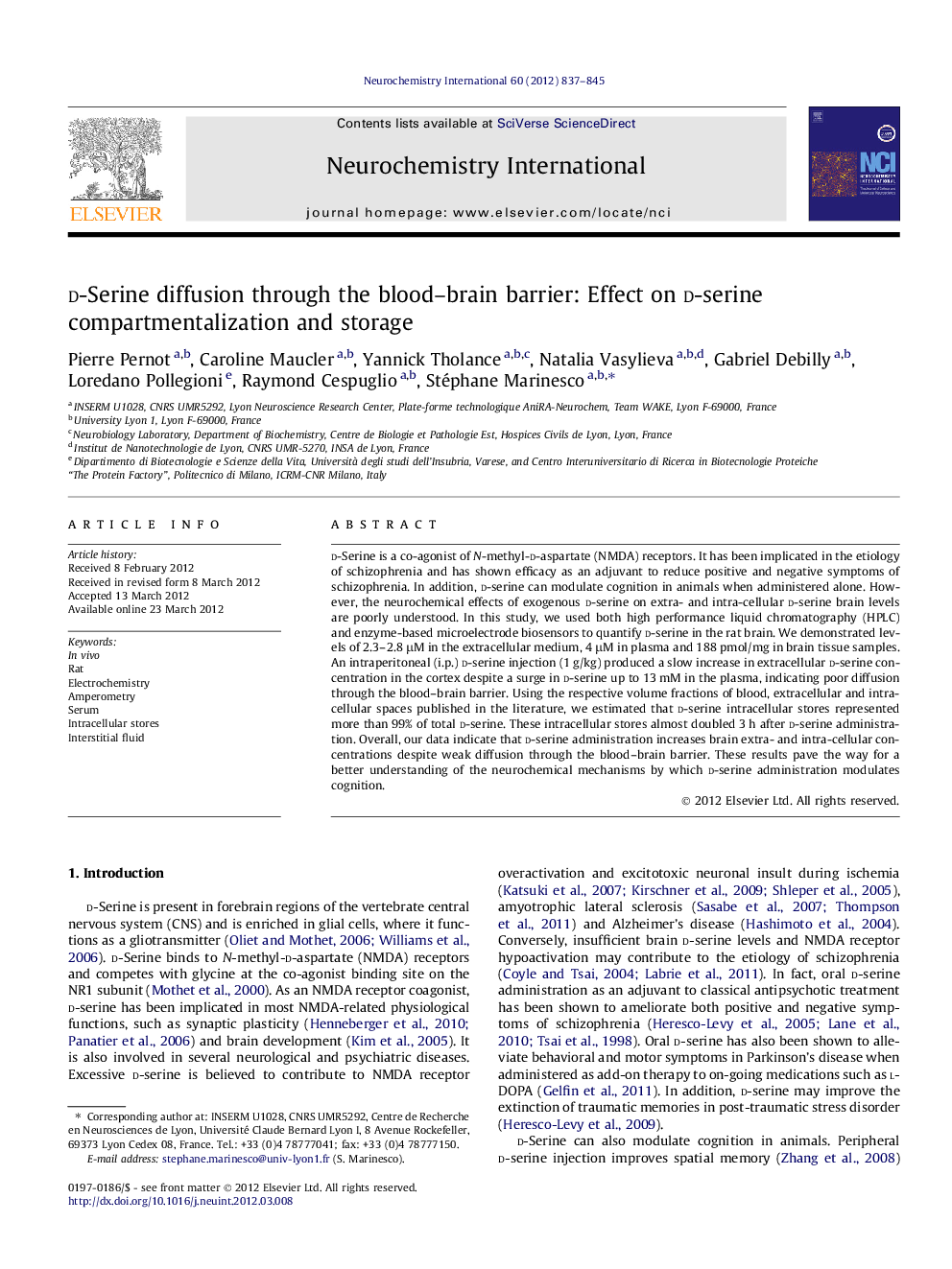 d-Serine diffusion through the blood-brain barrier: Effect on d-serine compartmentalization and storage