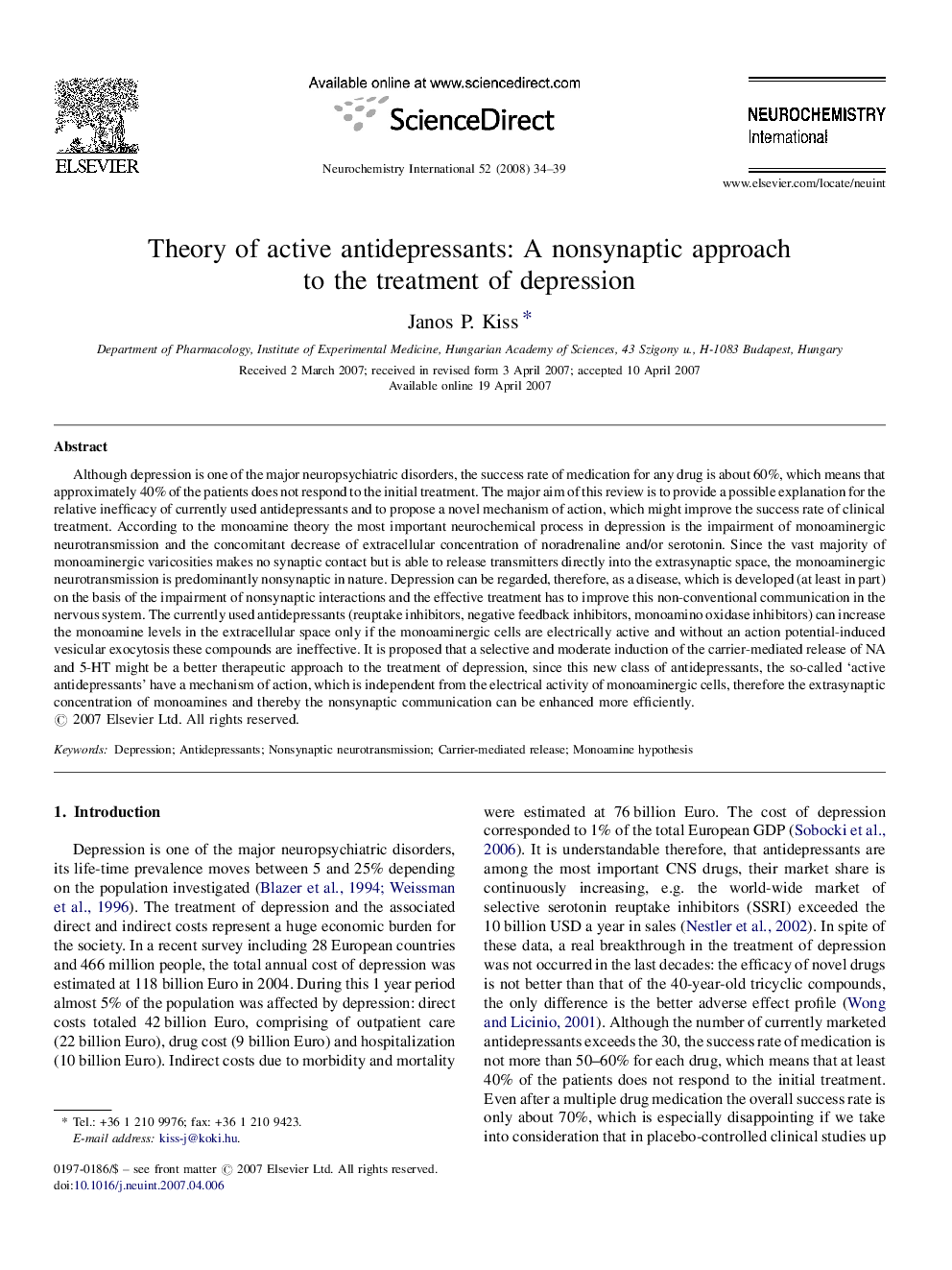 Theory of active antidepressants: A nonsynaptic approach to the treatment of depression