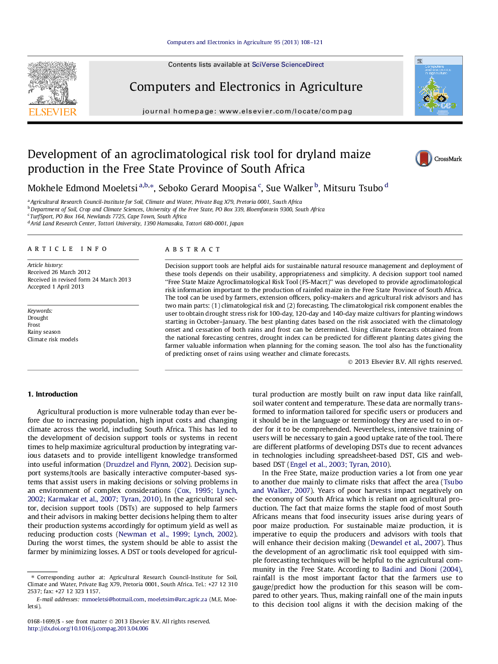 Development of an agroclimatological risk tool for dryland maize production in the Free State Province of South Africa