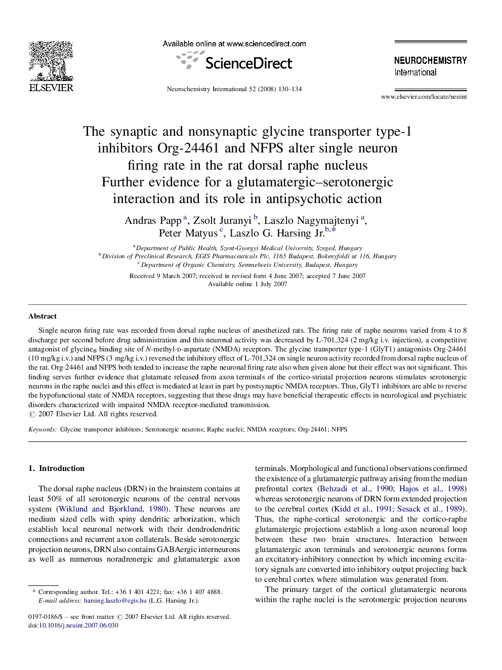 The synaptic and nonsynaptic glycine transporter type-1 inhibitors Org-24461 and NFPS alter single neuron firing rate in the rat dorsal raphe nucleus