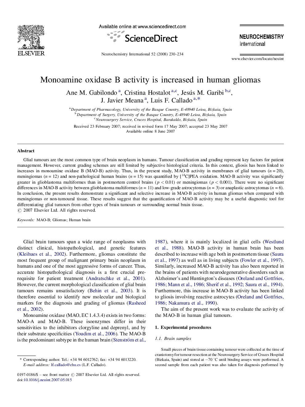 Monoamine oxidase B activity is increased in human gliomas