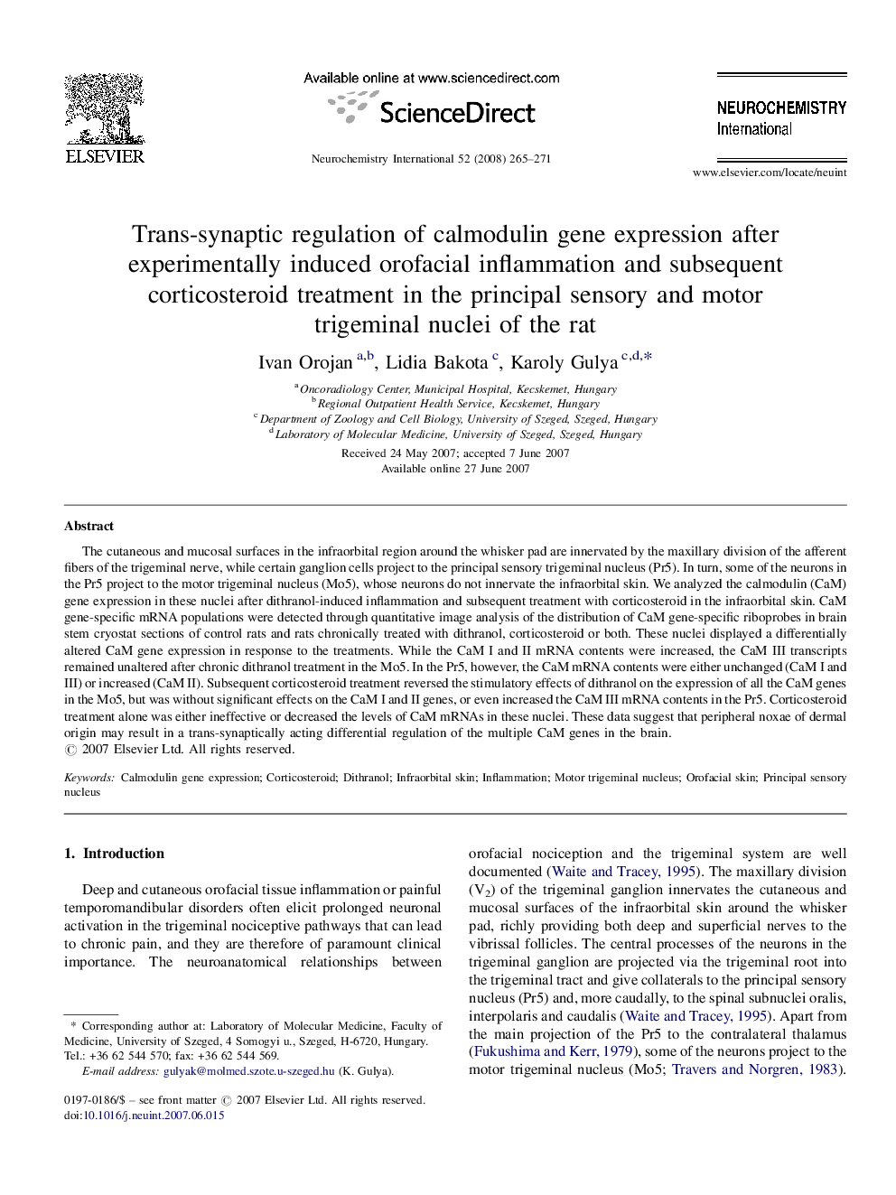 Trans-synaptic regulation of calmodulin gene expression after experimentally induced orofacial inflammation and subsequent corticosteroid treatment in the principal sensory and motor trigeminal nuclei of the rat