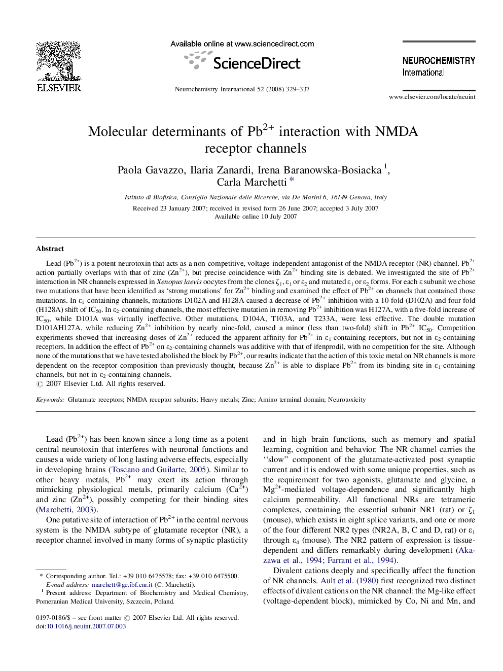 Molecular determinants of Pb2+ interaction with NMDA receptor channels