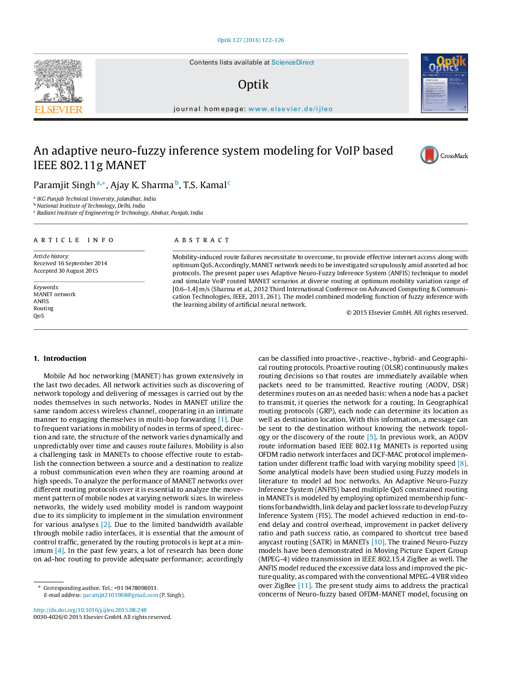 An adaptive neuro-fuzzy inference system modeling for VoIP based IEEE 802.11g MANET