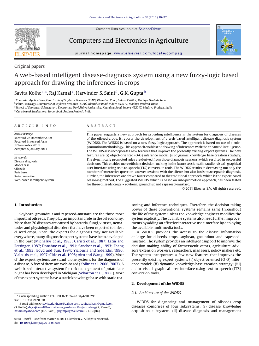 عکس صفحه اول مقاله: A web-based intelligent disease-diagnosis system using a new fuzzy-logic based approach for drawing the inferences in crops A web-based intelligent disease-diagnosis system using a new fuzzy-logic based approach for drawing the inferences in crops