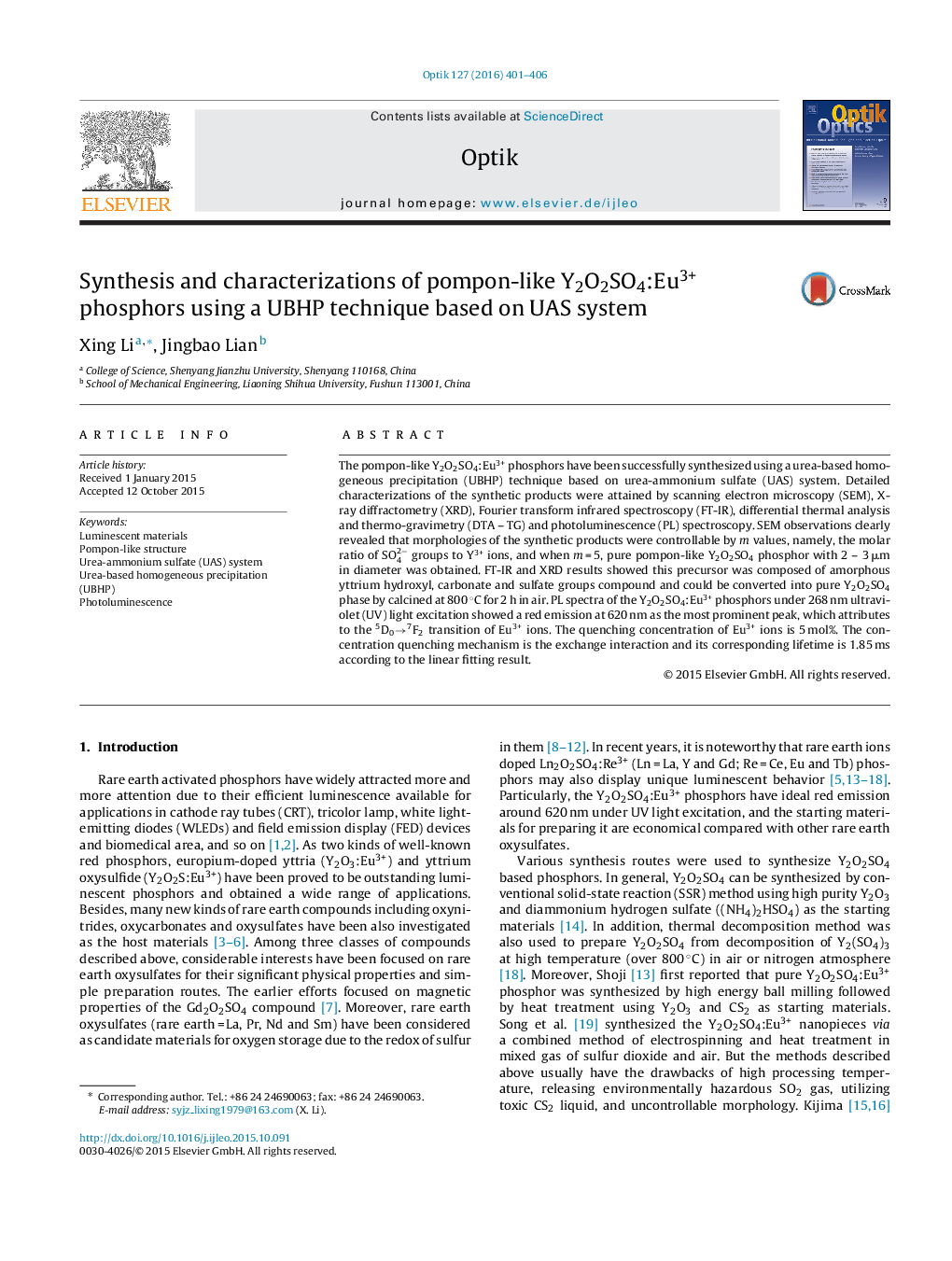 Synthesis and characterizations of pompon-like Y2O2SO4:Eu3+ phosphors using a UBHP technique based on UAS system