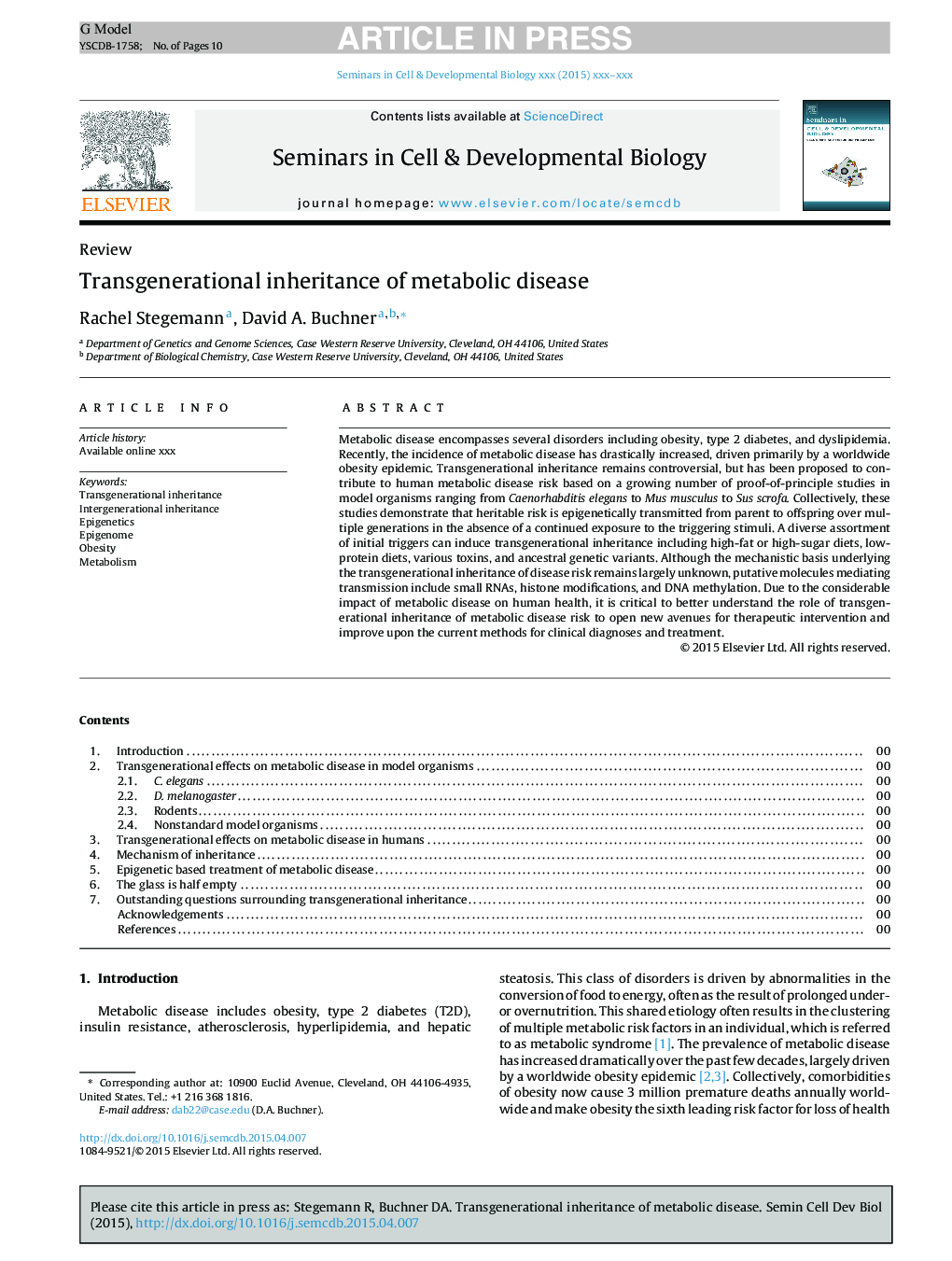 Transgenerational inheritance of metabolic disease