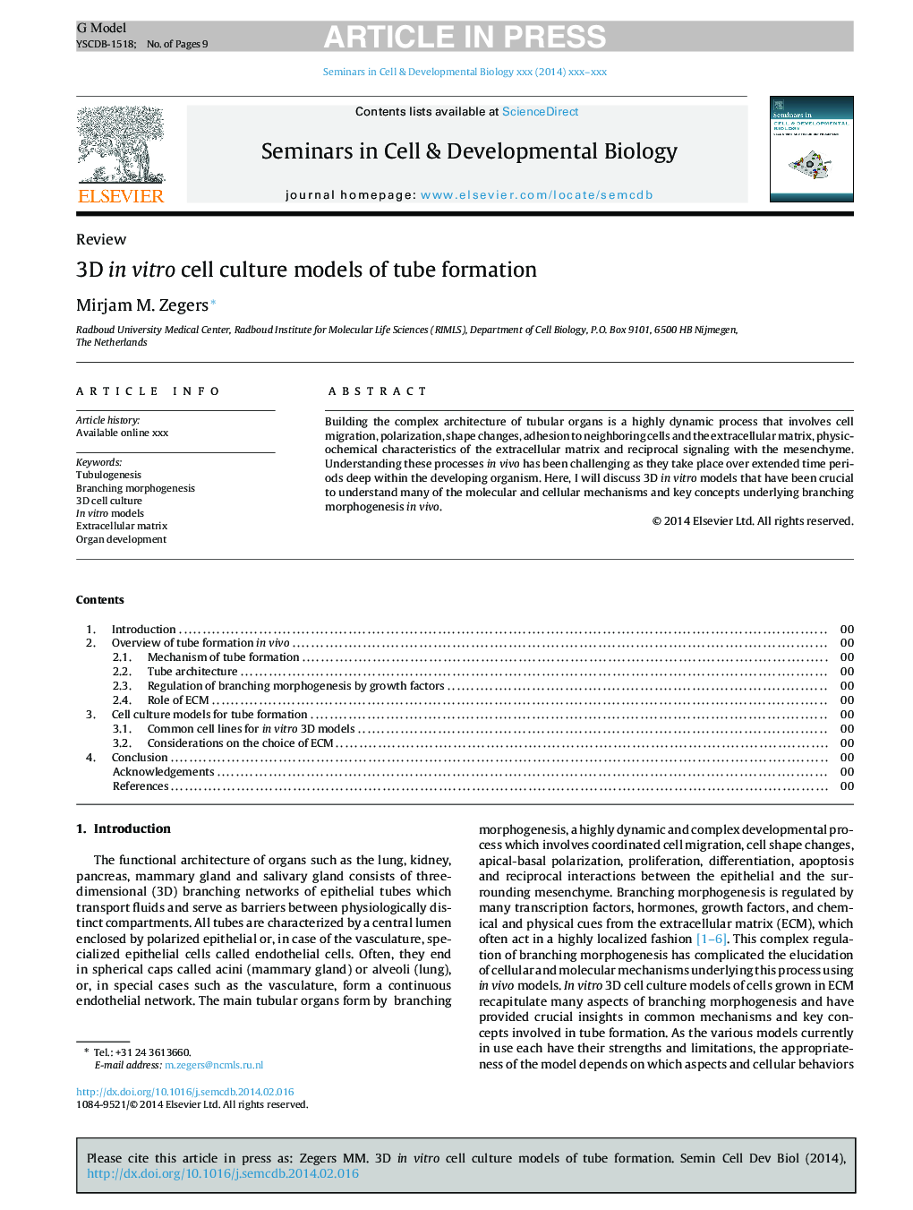 3D in vitro cell culture models of tube formation