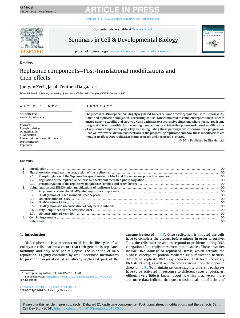 Replisome components-Post-translational modifications and their effects