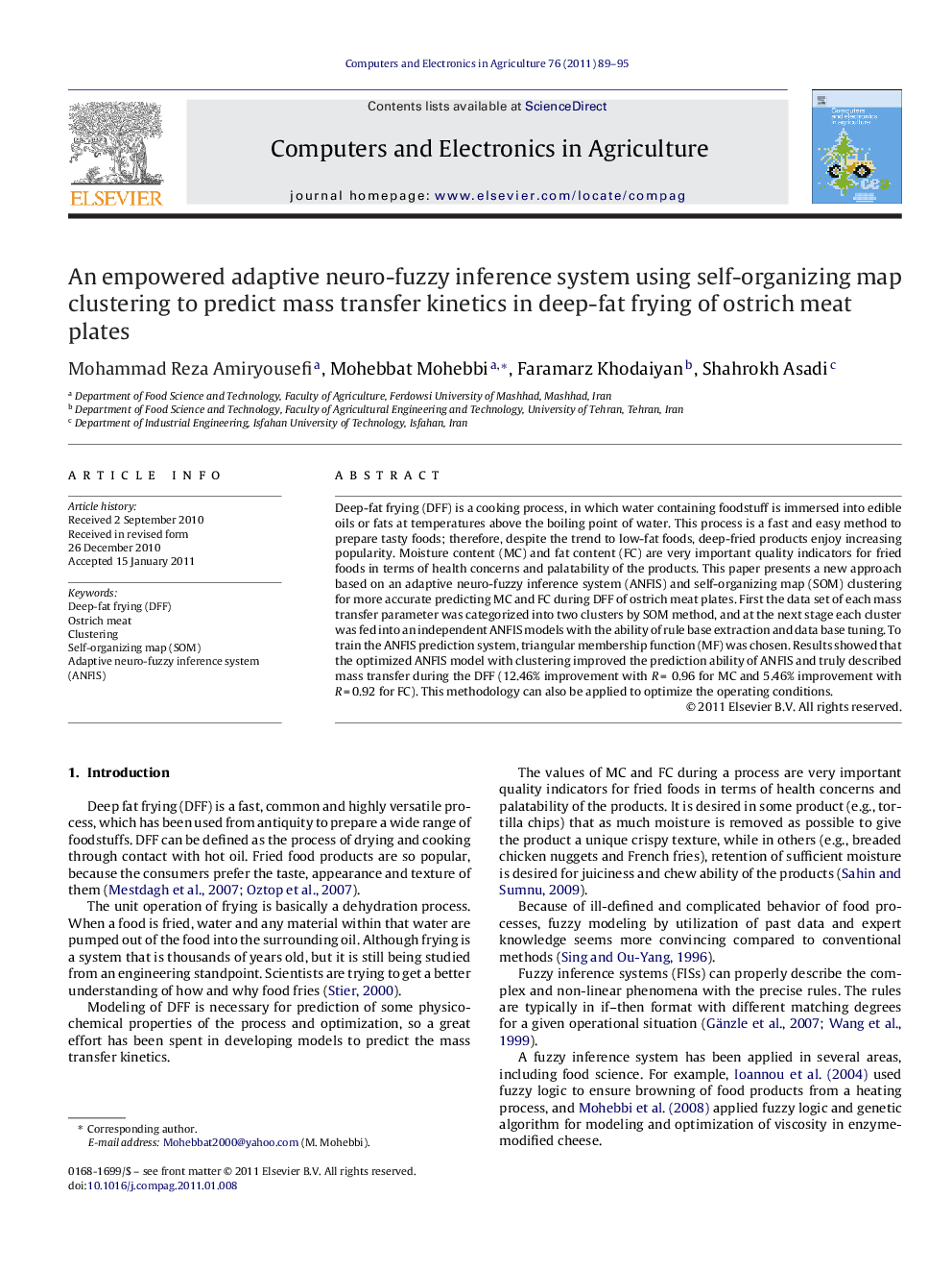 An empowered adaptive neuro-fuzzy inference system using self-organizing map clustering to predict mass transfer kinetics in deep-fat frying of ostrich meat plates