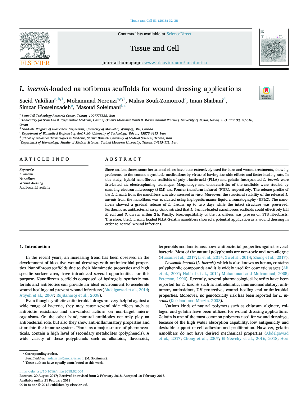 L. inermis-loaded nanofibrous scaffolds for wound dressing applications