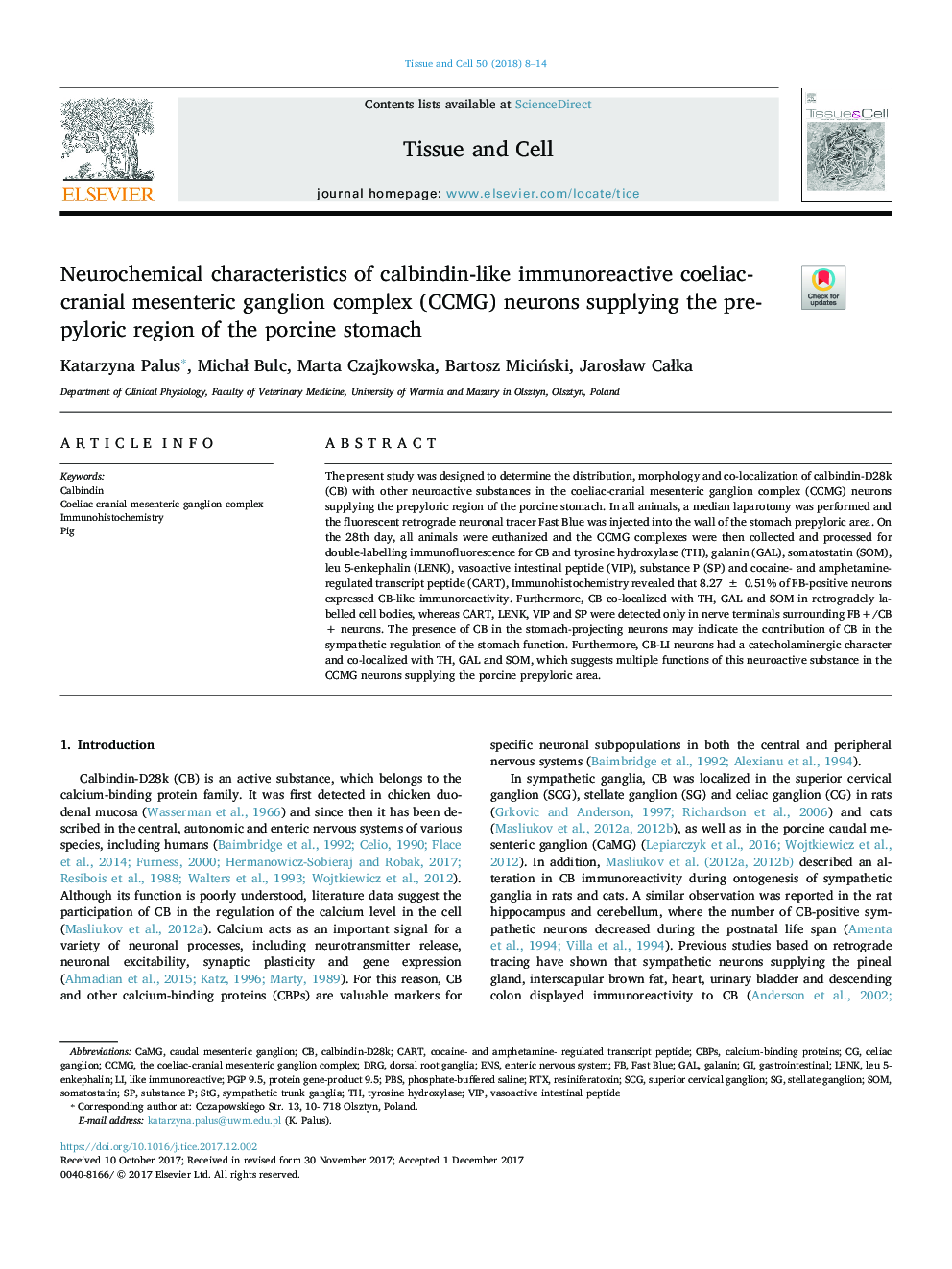 Neurochemical characteristics of calbindin-like immunoreactive coeliac-cranial mesenteric ganglion complex (CCMG) neurons supplying the pre-pyloric region of the porcine stomach