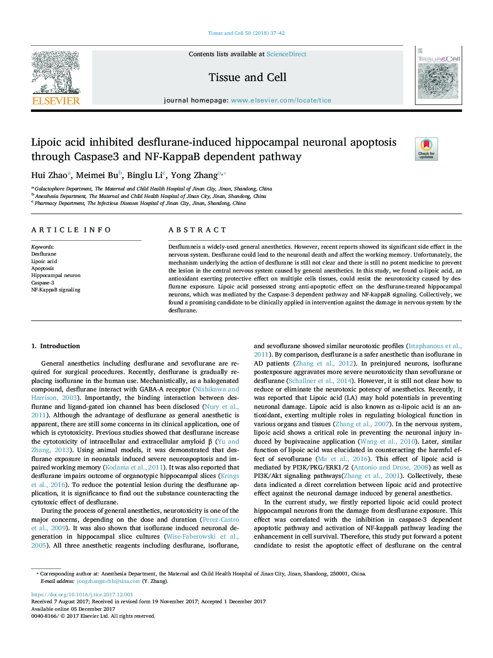 Lipoic acid inhibited desflurane-induced hippocampal neuronal apoptosis through Caspase3 and NF-KappaB dependent pathway