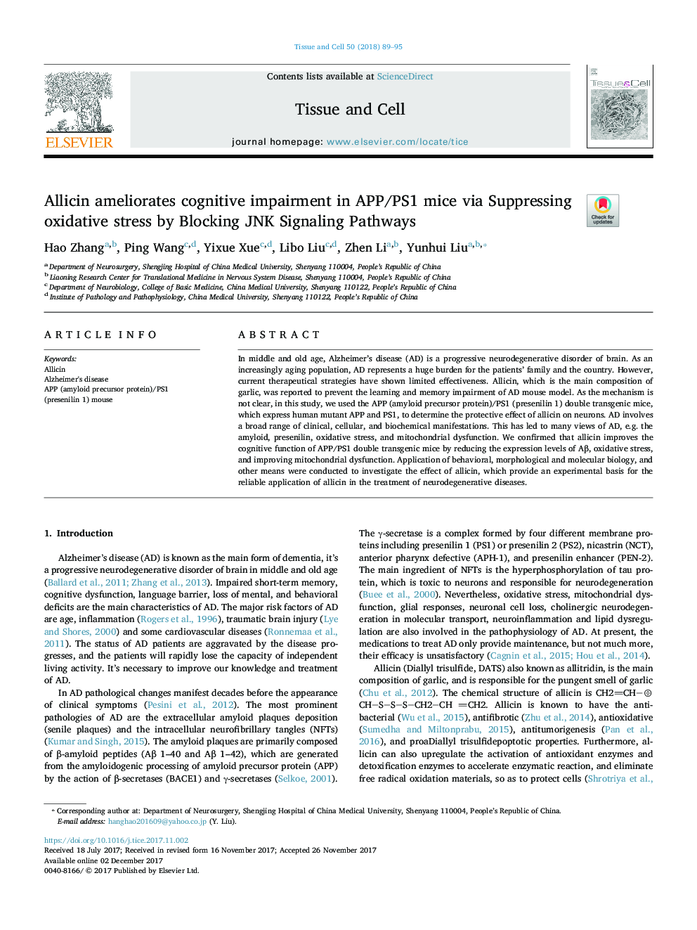 Allicin ameliorates cognitive impairment in APP/PS1 mice via Suppressing oxidative stress by Blocking JNK Signaling Pathways