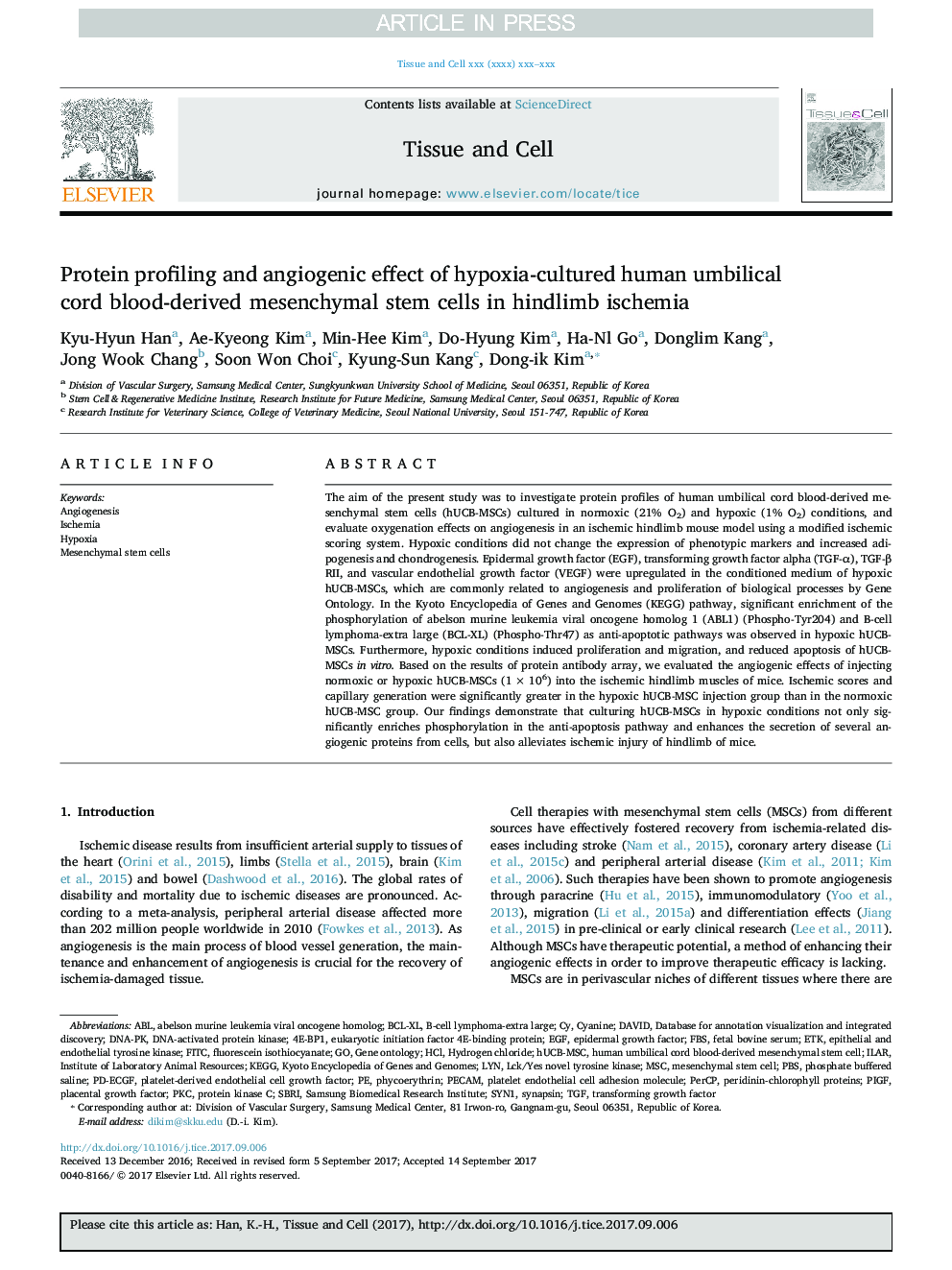 Protein profiling and angiogenic effect of hypoxia-cultured human umbilical cord blood-derived mesenchymal stem cells in hindlimb ischemia