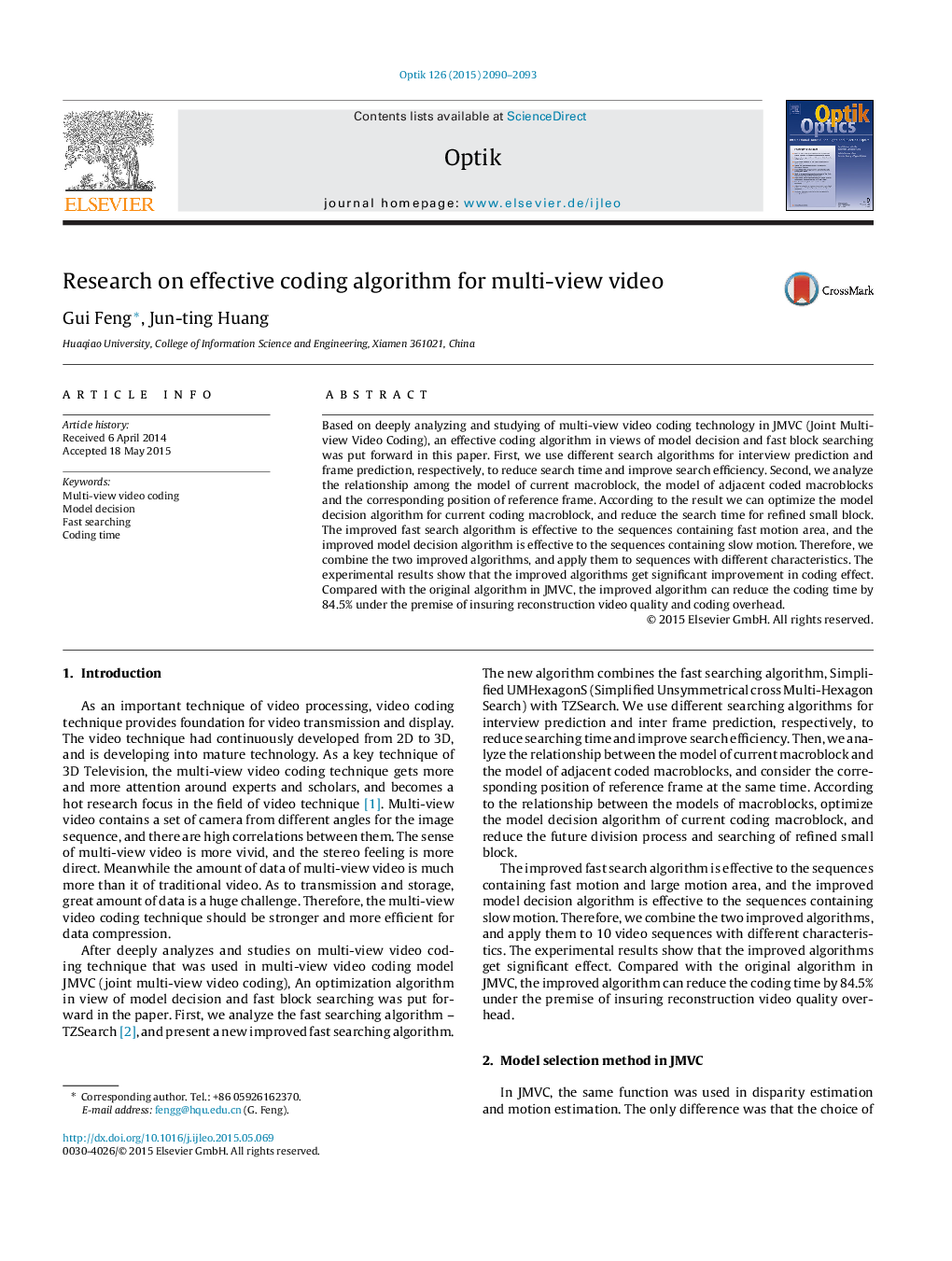 Research on effective coding algorithm for multi-view video