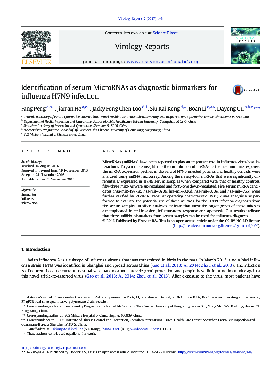 Identification of serum MicroRNAs as diagnostic biomarkers for influenza H7N9 infection