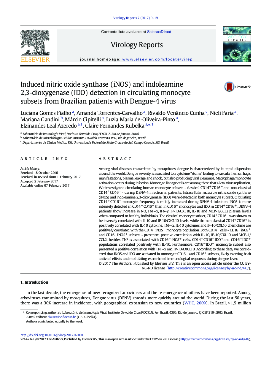 Induced nitric oxide synthase (iNOS) and indoleamine 2,3-dioxygenase (IDO) detection in circulating monocyte subsets from Brazilian patients with Dengue-4 virus