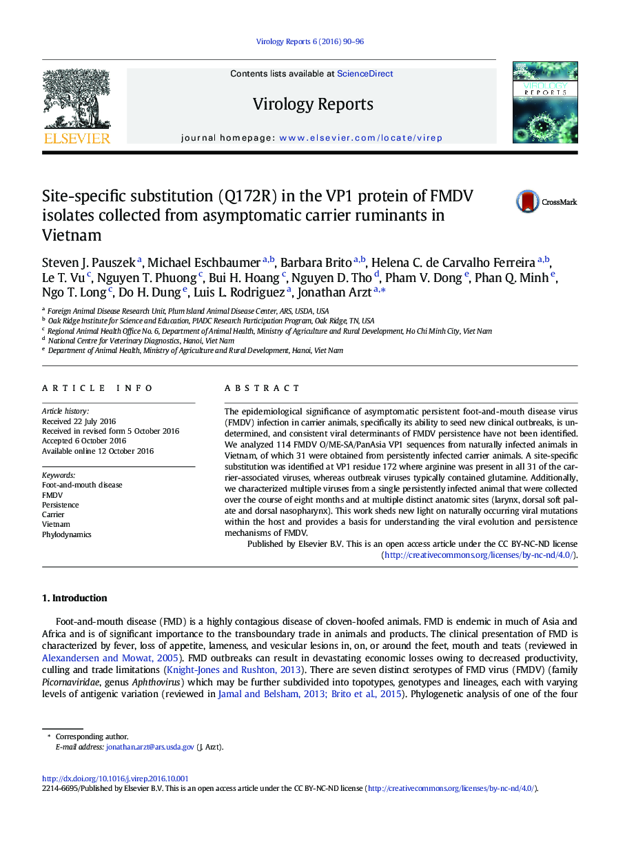 Site-specific substitution (Q172R) in the VP1 protein of FMDV isolates collected from asymptomatic carrier ruminants in Vietnam