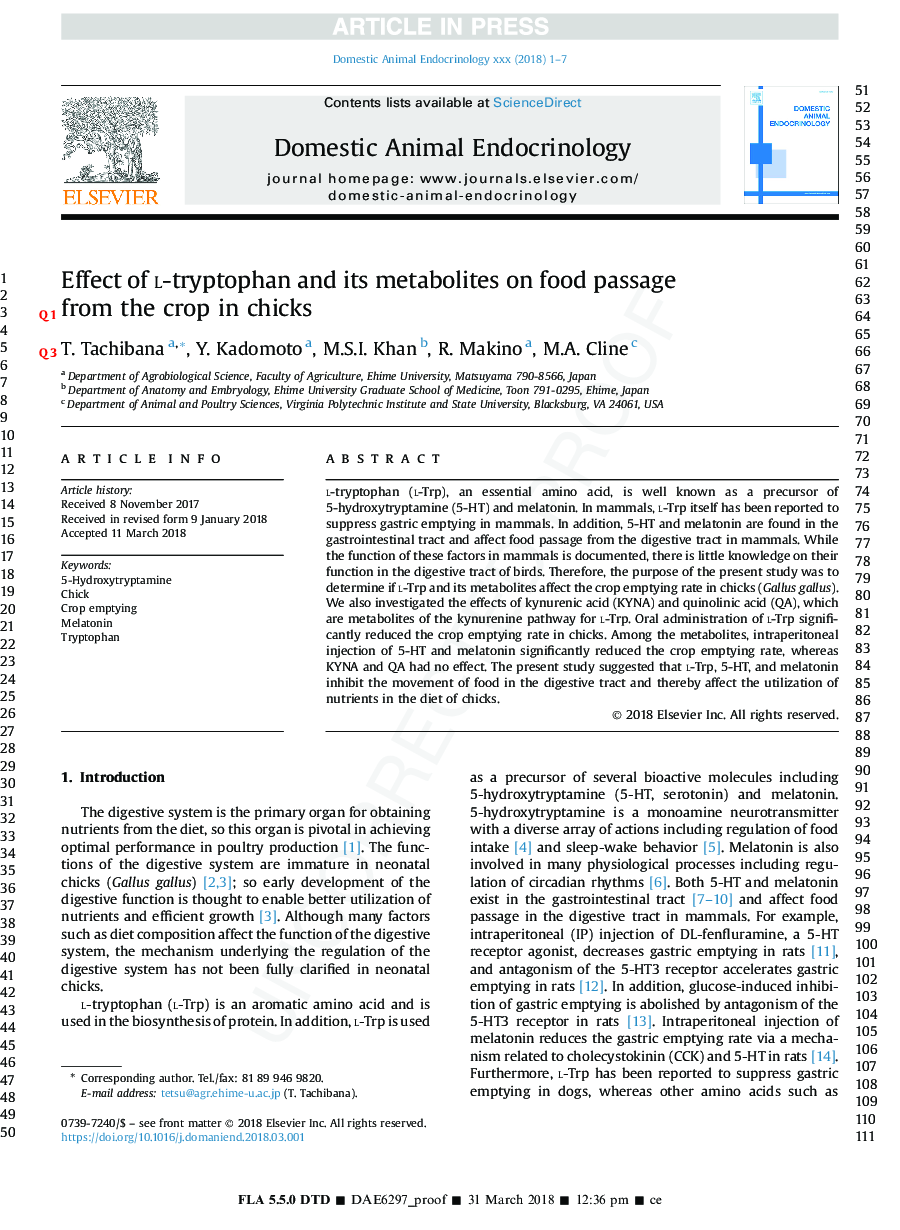 اثر لیپید تریپتوفان و متابولیت های آن بر عبور مواد غذایی از محصول در جوجه ها 