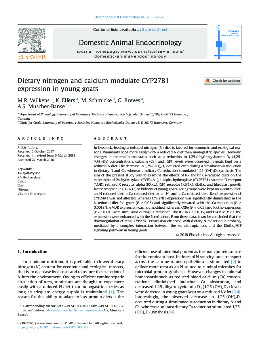 Dietary nitrogen and calcium modulate CYP27B1 expression in young goats