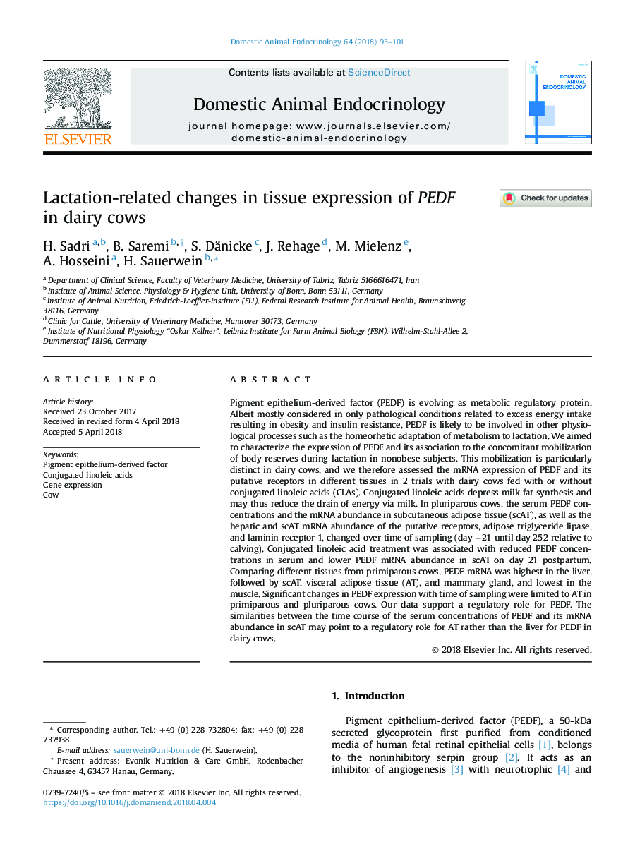 Lactation-related changes in tissue expression of PEDF in dairy cows