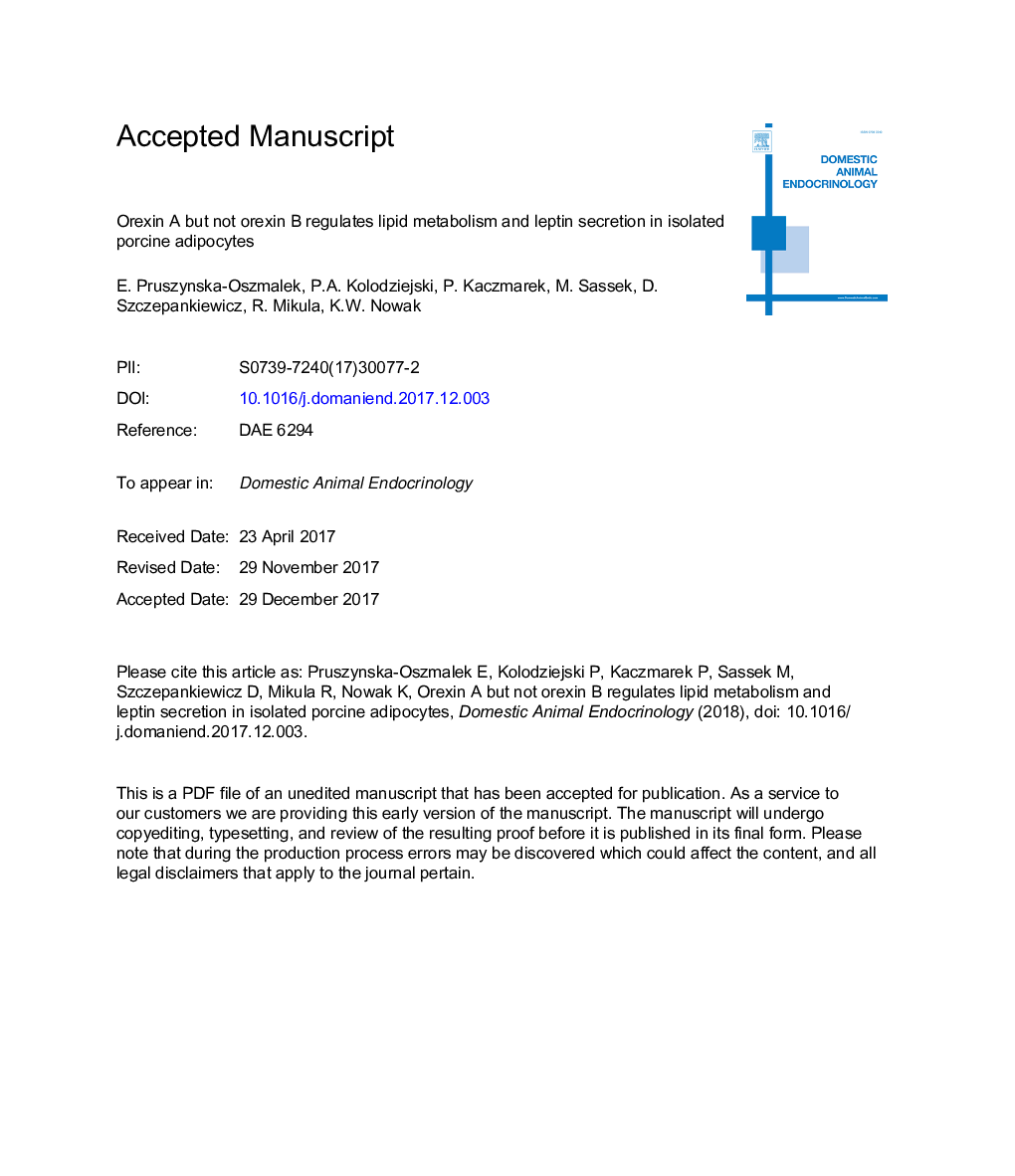 Orexin A but not orexin B regulates lipid metabolism and leptin secretion in isolated porcine adipocytes